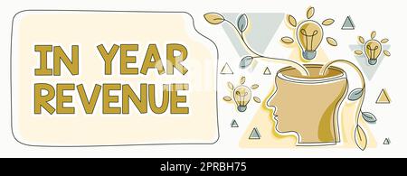 Text caption presenting In Year Revenue. Concept meaning Annual business income economical financial analysis Man Thinking New Brilliant Ideas Shown On Presentation Board. Stock Photo
