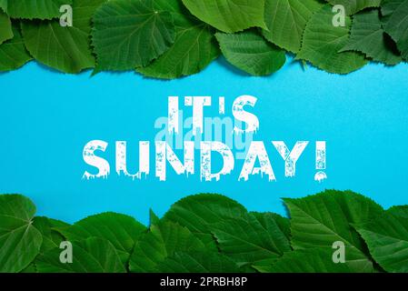 Writing displaying text It S Is Sunday. Word for Day of rest and religious worship Part of the weekend Important Informations Written On Paper Under Lot Of Leaves. Stock Photo