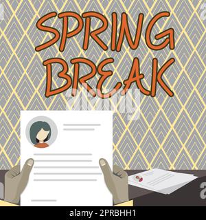 Conceptual display Spring Break. Word Written on Vacation period at school and universities during spring Hands Holding Resume Showing New Career Opportunities Open. Stock Photo