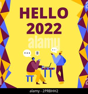 Conceptual caption Hello 2022. Business idea Hoping for a greatness to happen for the coming new year Colleagues Having Meeting Discussing Future Project Improvement Ideas. Stock Photo