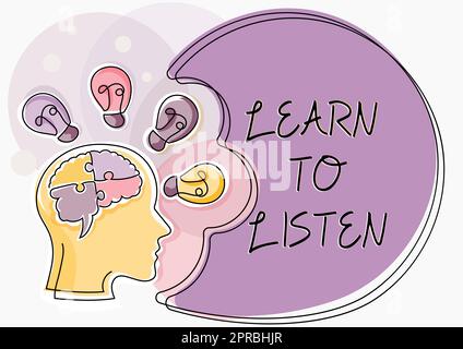 Text showing inspiration Learn To Listen. Internet Concept Able to understand what showing tells you be respectful Man With Puzzled Brain Thinking New Ideas Shown On Presentation Board. Stock Photo