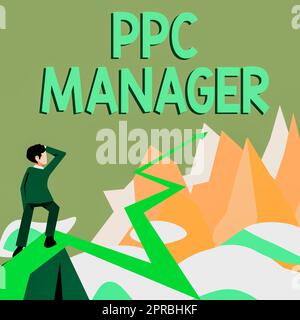 Text caption presenting Ppc Manager. Word for which advertisers pay fee each time one of their ads is clicked Man watching horizon arrow pointing symbolizing future project success. Stock Photo