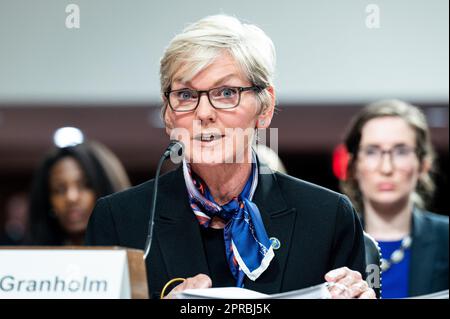 Washington, United States. 26th Apr, 2023. U.S. Secretary of Energy Jennifer Granholm speaking at a hearing of the Senate Armed Services committee at the U.S. Capitol. (Photo by Michael Brochstein/Sipa USA) Credit: Sipa USA/Alamy Live News Stock Photo