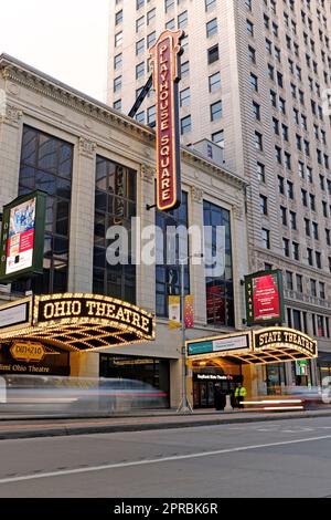 The Playhouse Square Performing Arts Center in the downtown Cleveland theater district includes the Ohio and State Theaters.  New Theater marquees are slated to be operational by the end of June 2023 thus the old marquees in the photo, taken on February 11, 2023, will no longer be part of the performing arts theater district streetscape.  The new marquees are part of a neighborhood upgrade master plan for the theater district which is the second largest performing arts center in the United States. Stock Photo