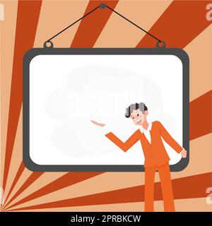 Presenter With Conversation Bubble Showing New Announcement. Colleague Speech Balloon Presenting Fresh And Important News Messages. Stock Vector