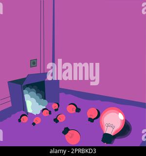 Glowing light bulbs scattered floor represent out of box ideas. Many spare electric lights big carton room corner storage room. Mixed bright dim electrical lamp. Stock Vector