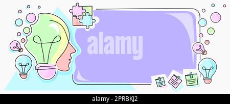 Man With Light Bulbs And Puzzle Pieces Around Thinking New Ideas. Businessman Reasoning Important Informations On Presentation Board. Executive Presenting Recent Updates. Stock Vector
