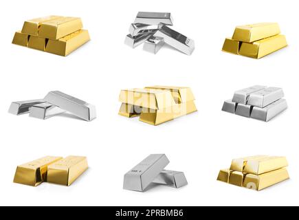 Set with shiny golden and silver bars on white background Stock Photo