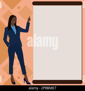 Businesslady Pointing Finger Empty Drawboard Representing Planning Future Projects. Woman Points Blank Board Demonstrating Latest Plan Newest Advancements. Stock Vector