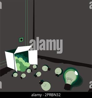 Glowing light bulbs scattered floor represent out of box ideas. Many spare electric lights big carton room corner storage room. Mixed bright dim electrical lamp. Stock Vector