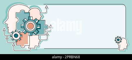 Multiple Heads With Cogs Showing Technology Ideas. Gears In Brain Symbols Design Displaying Mechanical And Technical Idea. Stock Vector