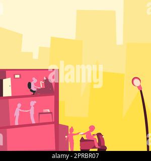 Office Building With Skyscrapers Drawing Showing City Skyline. Different High-Rise Buildings Showing Cityscape Horizon.Towering Architectures Spread Across The Town. Stock Vector