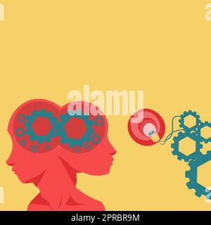 Two Heads With Cogs Showing Technology Ideas. Gears In Brain Symbols Design Displaying Mechanical And Technical Idea. Stock Vector