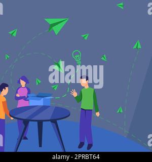 Colleagues Thinking New Innovative Ideas Around Table. Three People Discussing Recent Updates. Executives Reasoning Current Original Data Over Desk. Stock Vector