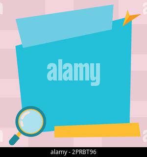 Magnifying Glass Drawing Searching New Hidden Evidence In Big Blank Sheet Of Billboard. Hand Lens Drawing Looking For Old Ideas Inside Empty Signboard. Stock Vector