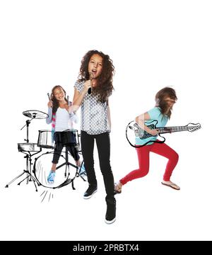 Making music for the fans. Studio shot of children singing and playing music on imaginary instruments. Stock Photo