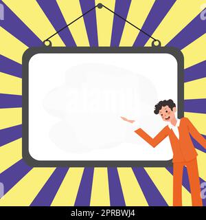 Instructor Drawing Pointing Stick On Empty Whiteboard While Holding Cup. Professor Holding Pointer At The Board Showing New Information. Stock Vector