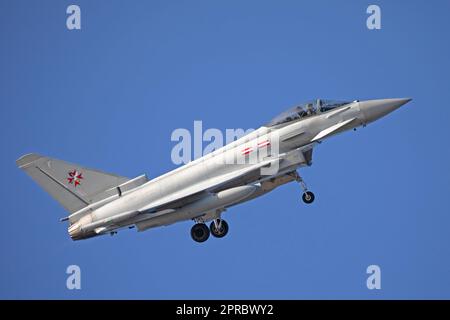 A Eurofighter Typhoon FGR.4 of The British Royal Air Force, serial number ZJ915. 1435 Flight Falkland Islands. Over Stanley. Stock Photo