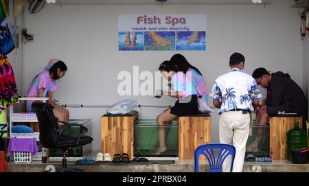 People sit at a fish spa with their feet in fish tanks where small fish eat the dead skin on their feet in Jomtien, Pattaya, Thailand. This tickles but leaves feet cleaner and is a pedicure of sorts. Women, men, male. Stock Photo