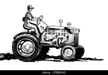 Farmer driving vintage tractor.  Hand-drawn ink on paper retro styled black and white sketch Stock Photo