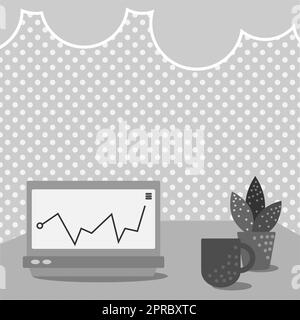 Laptop Resting On A Table Beside Coffee Mug And Plant Showing Work Process. Office Desk Drawing With Laptop. Computer Top Design. Stock Vector