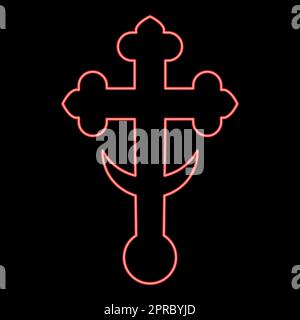Neon cross trefoil shamrock on church cupola domical with half-moon Cross monogram Religious cross red color vector illustration image flat style Stock Vector