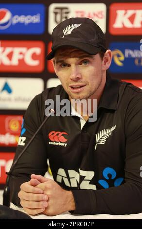 New Zealand's captain Tom Latham, left, and Mitch Santner, right, talks ...