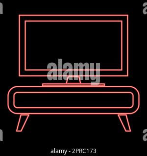 Neon tV set on the cupboard commode bedside table Home interior concept red color vector illustration image flat style Stock Vector