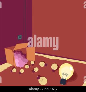 Glowing light bulbs scattered floor represent out of box ideas. Many spare electric lights big carton room corner storage room. Mixed bright dim electrical lamp. Stock Vector