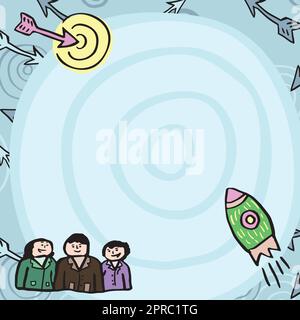 Rocket Ship Launching Fast To Target On Background. Group Of People Watching Spaceship Taking Off. Space Shuttle Reaching Destination Under Enineers Approval Stock Vector