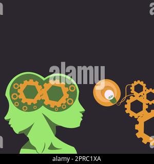 Two Heads With Cogs Showing Technology Ideas. Gears In Brain Symbols Design Displaying Mechanical And Technical Idea. Stock Vector