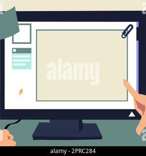 Hand Touching Screen Of Desktop Inside Web Browser Showing Recent Technology. Finger Tapping Laptop Screen Presenting Modern Automation. Stock Vector