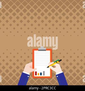 Business Associate Holding Clipboard Documenting Financial Reports With Pen. Hands Drawing Graphs Using Paper With Pencil Showing Visual Drawing Of Data. Stock Vector
