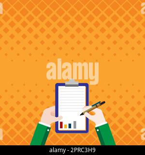 Business Associate Holding Clipboard Documenting Financial Reports With Pen. Hands Drawing Graphs Using Paper With Pencil Showing Visual Drawing Of Data. Stock Vector