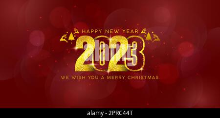 illustration of 2023 Happy New Year golden colors with red backgrounds for sign billboard, printable design , Advertising material, Layouts and print collages flyer celebration, holiday party elements Stock Vector