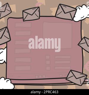 Composing Letter Idea, Listing Text Documents, Presenting Writing Tools, Selling Materials. Checklist Table Surrounded With Envelops And Clouds Stock Vector