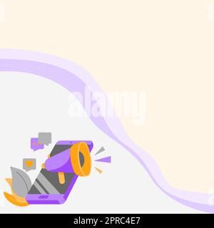 Mobile Drawing Sharing Positive Comments And Good Reactions Through Megaphone. Smart Phone Drawing Distributing Wonderful Review Over A Bullhorn. Stock Vector