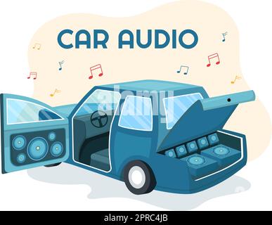 Car Audio with Loud Speakers, Sound System or Music Automobile in Flat Cartoon Poster Hand Drawn Templates Illustration Stock Vector