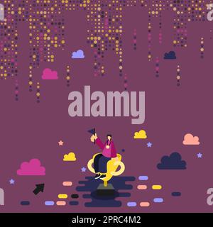 Man Sitting On His Trophy Celebrating Recent Success Over The Clouds. Athlete Winner With Gold Medal Honor New Achievement In The Sky. Businessman With Earned First Place Cup. Stock Vector