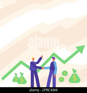 Two Men Standing Shaking Hands With Financial Arrow For Growth And Money Bags. Businessmen Handshaking Drawing With Arrow For Stock Success With Dollars Sacks In Background Stock Vector