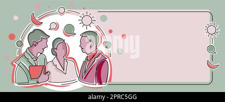 Three Colleagues Standing Sharing Thoughts Together With Speech Bubbles And Assorted S. Teammates Sharing New Success Stories At Work Having Conversation Balloons. Stock Vector