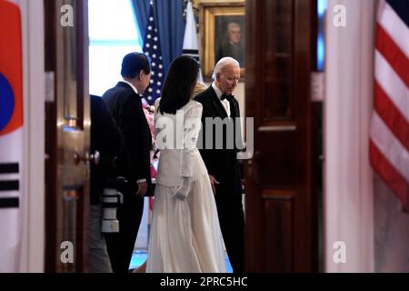 U.S. President Joe Biden and first lady Jill Biden welcome South Korean President Yoon Suk Yeol and his wife Kim Keon Hee for the State Dinner at the White House in Washington on April 26, 2023. Credit: Yuri Gripas/Pool via CNP/MediaPunch Stock Photo