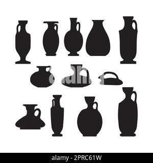 Silhouette sketch et of ceramic vases. Ancient Greek, Roman jar with two handles and a narrow neck. Vintage amphora, trophy, pots, cups black isolated on white background vector illustration graphic Stock Vector