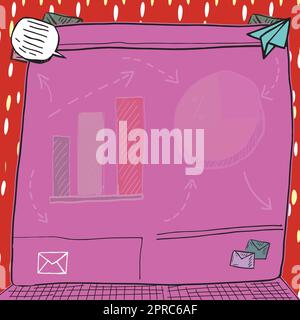 Important Message Presented On Screen With Charts, Graphs And E Mail S. Crutial Informations Displayed On Note With Arrows On It. Critical Announcements Shown. Stock Vector