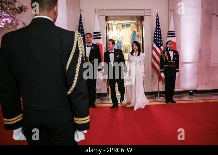 Washington, United States. 26th Apr, 2023. President Yoon Suk-yeol and Mrs. Kim Keon Hee of the Republic of Korea enter the State Dinner in the East Room of The White House in Washington, DC on Wednesday, April 26, 2023. Photo by Oliver Contreras/UPI Credit: UPI/Alamy Live News Stock Photo