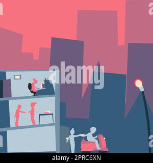 Office Building With Skyscrapers Drawing Showing City Skyline. Different High-Rise Buildings Showing Cityscape Horizon.Towering Architectures Spread Across The Town. Stock Vector