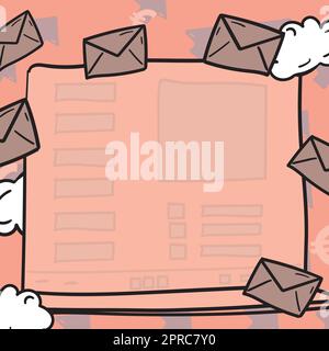 Composing Letter Idea, Listing Text Documents, Presenting Writing Tools, Selling Materials. Checklist Table Surrounded With Envelops And Clouds Stock Vector