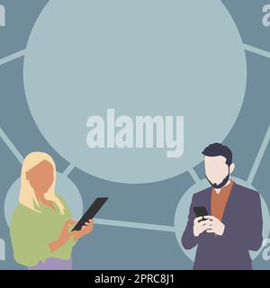 Illustration Of Partners Busy Using Smartphones Searching For New Wonderful Ideas. Couple Actively Working On Digital Telephone Drawing Finding Old Amazing Plans. Stock Vector