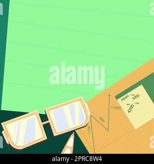 Glasses sitting on desk surrounded with papers consisting charts calculation future successful financial plans. Notepad being presented featuring estimating project finances. Stock Vector