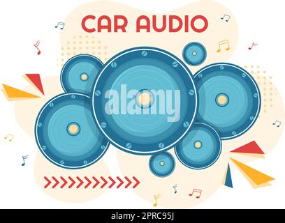 Car Audio with Loud Speakers, Sound System or Music Automobile in Flat Cartoon Poster Hand Drawn Templates Illustration Stock Vector